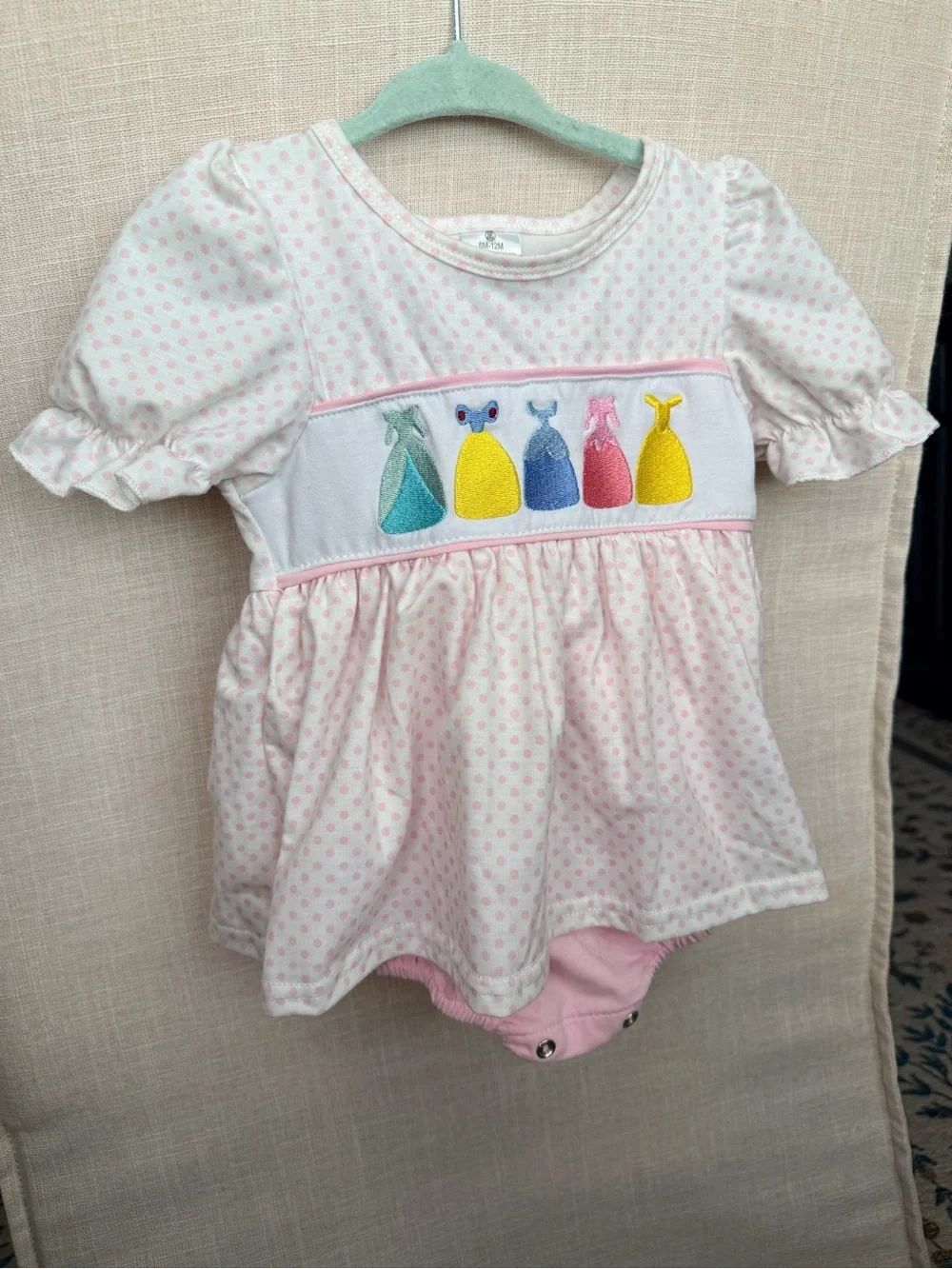 Baby Pink Polka Dot Skirted Bubble with Embroidered Princess Dresses